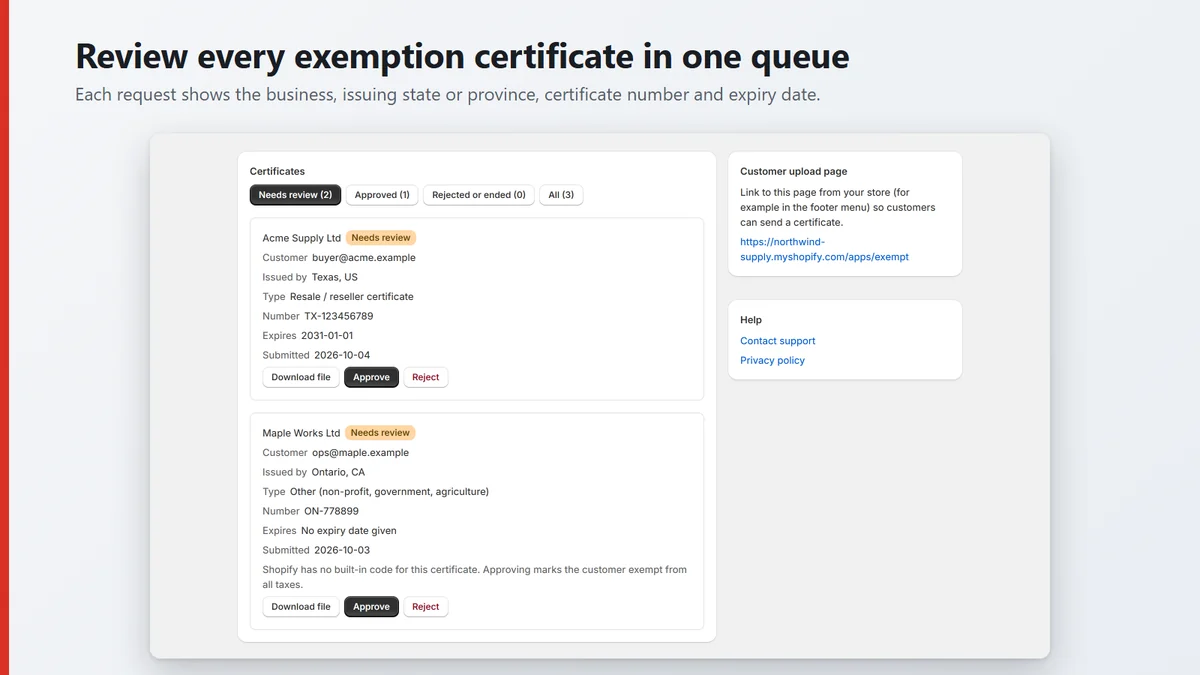 Review queue listing two certificates that need review, each with business, issuing state, number and expiry