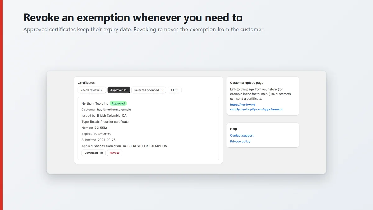 Approved tab showing one certificate with its expiry date and a Revoke button